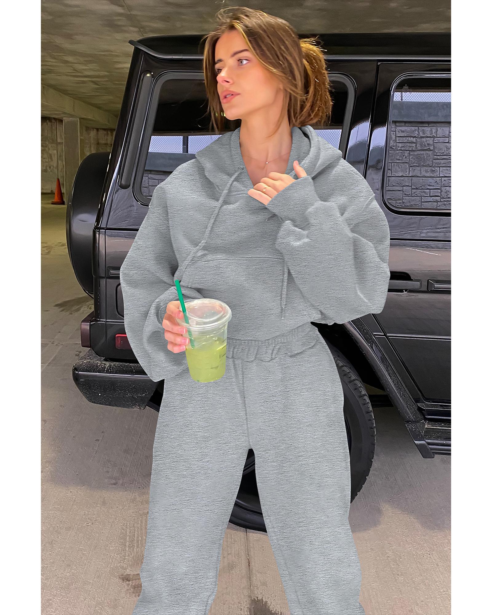 Gray Solid Drop Shoulder Hoodie and Joggers Activewear Set - L