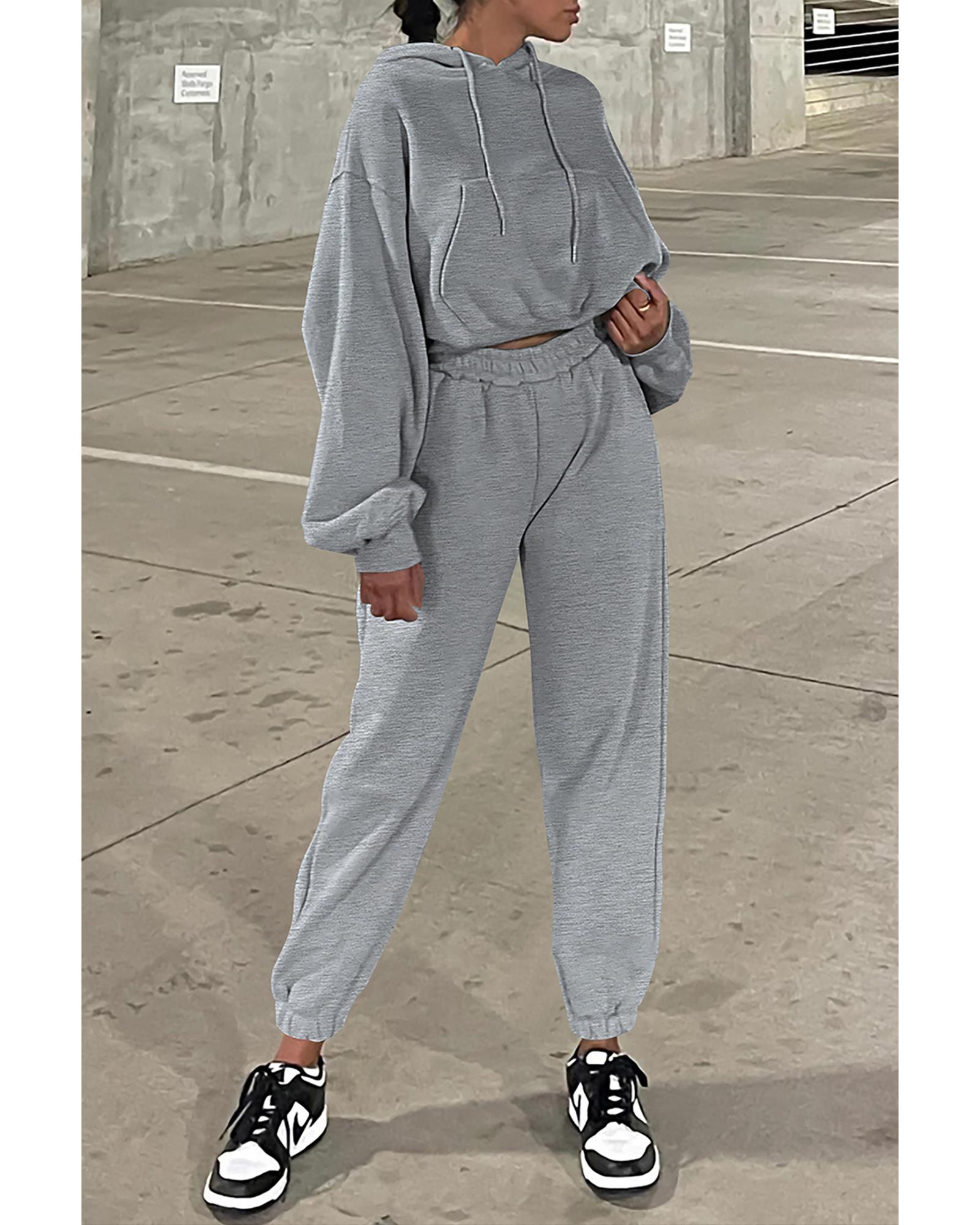 Gray Solid Drop Shoulder Hoodie and Joggers Activewear Set - S
