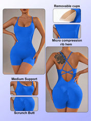 Size XS Royal Blue Nylon Seamless Yoga Bodysuit - Women's Athletic Romper, Crisscross Back, Workout Jumpsuit