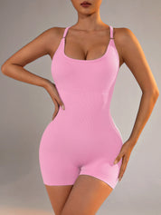 Size M Light Pink Grey Nylon Seamless Yoga Bodysuit - Women's Athletic Romper, Crisscross Back, Workout Jumpsuit