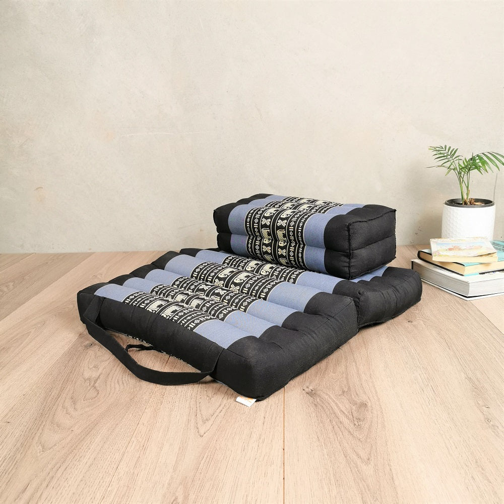 matching black and blue meditation cushion and yoga block set