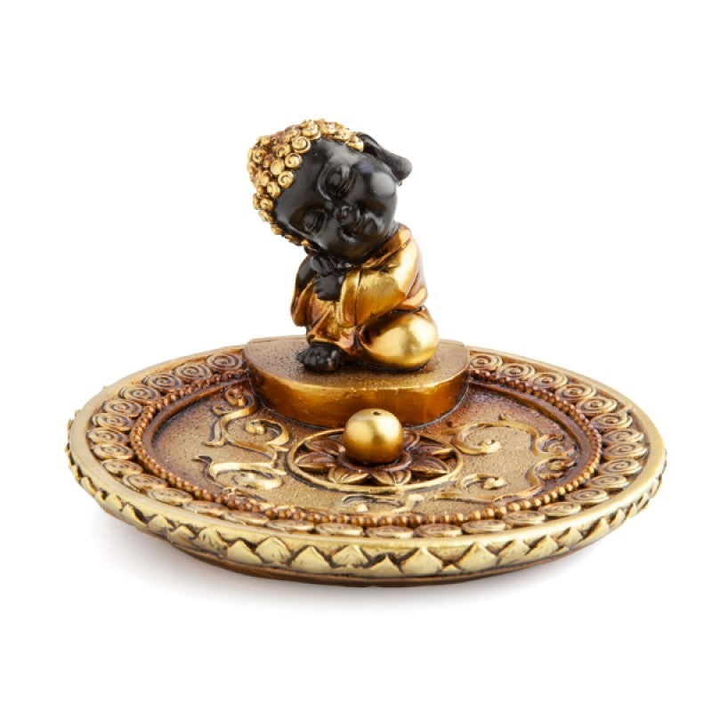 round dish gold baby buddha incense stick burner