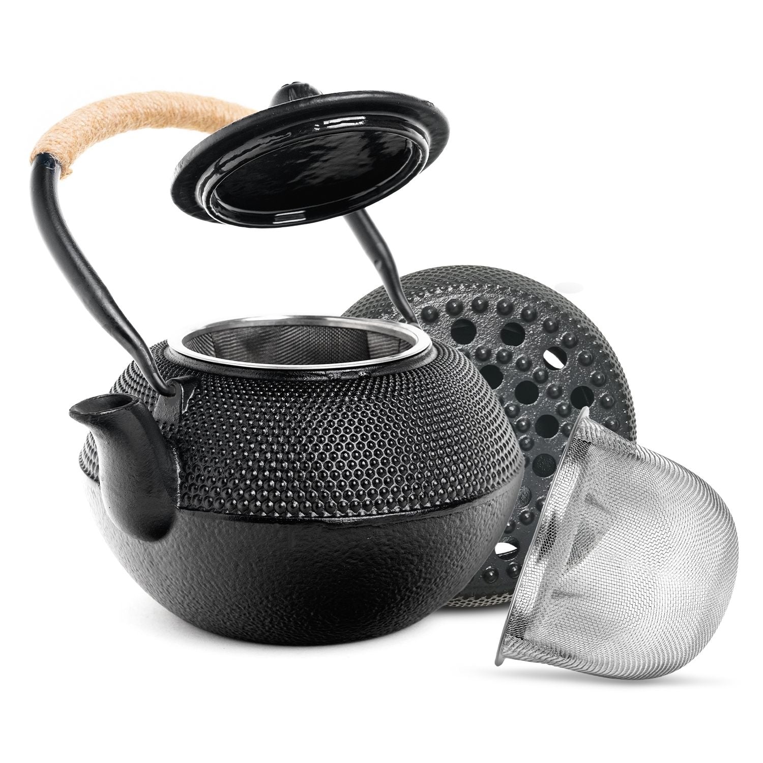 Black cast iron GOMINIMO 1200ML iron teapot set with textured surface and bamboo handle