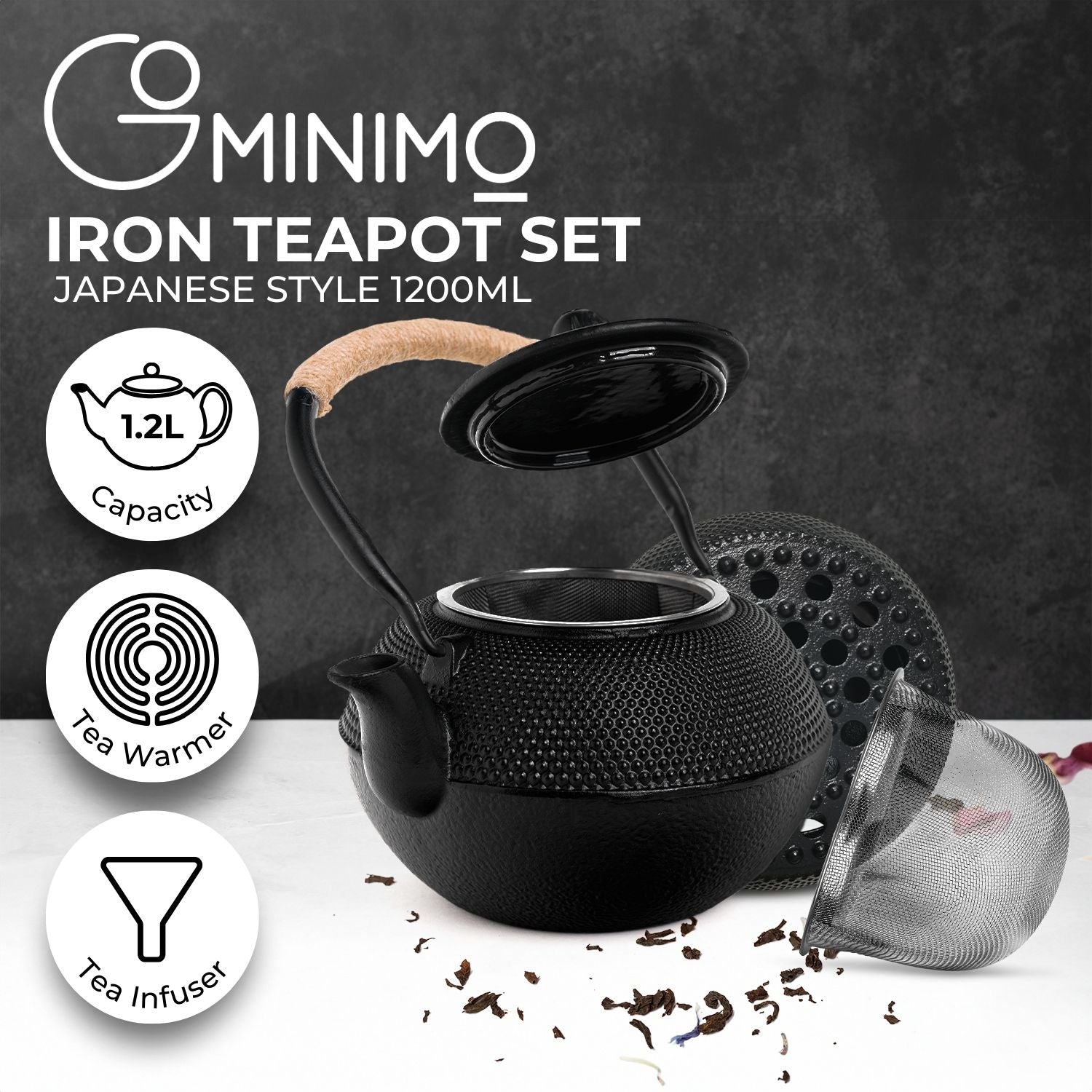 Black cast iron Japanese-style GOMINIMO 1200ML iron teapot set with textured hobnail pattern