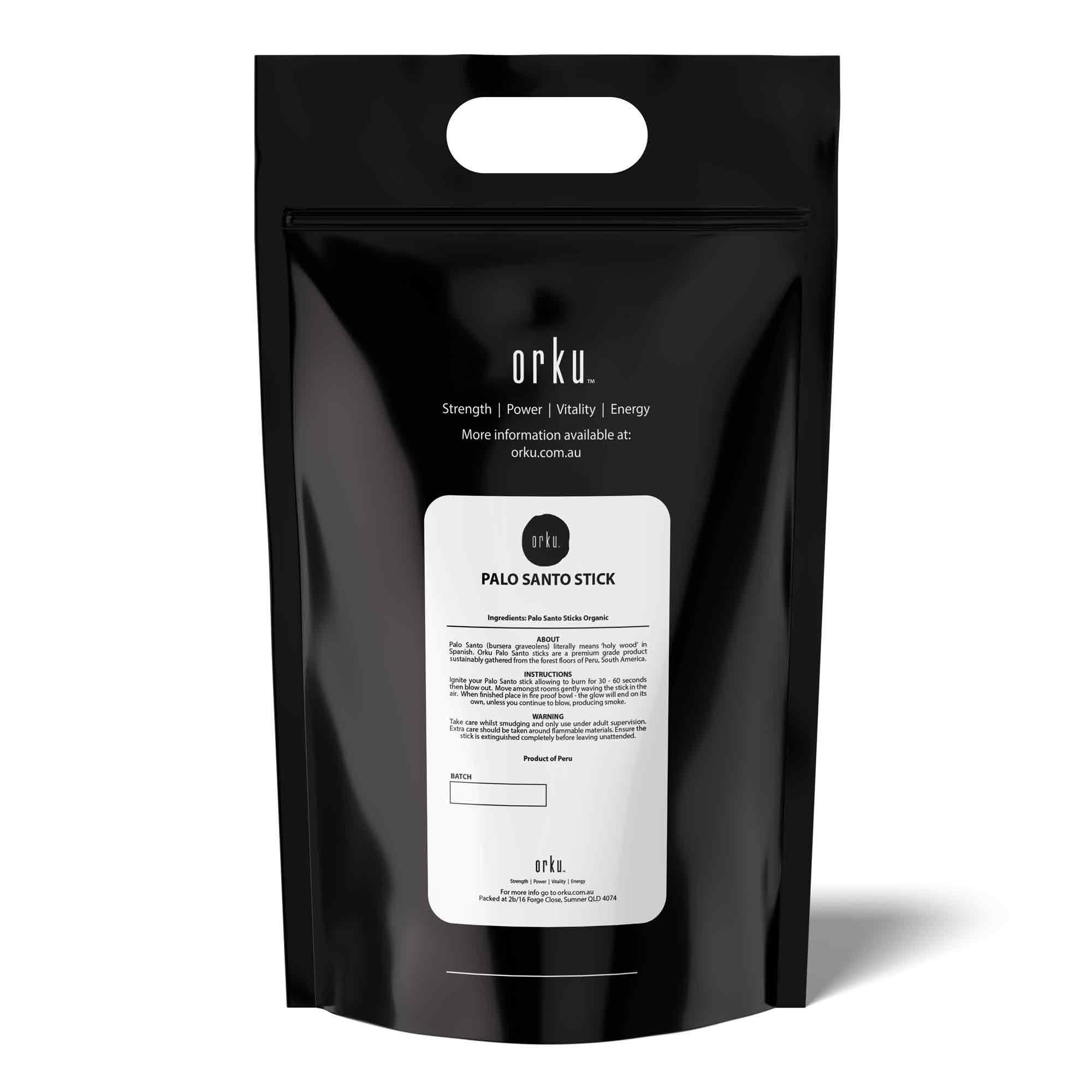 Black resealable pouch with white label for Premium Palo Santo Smudge Sticks 1Kg