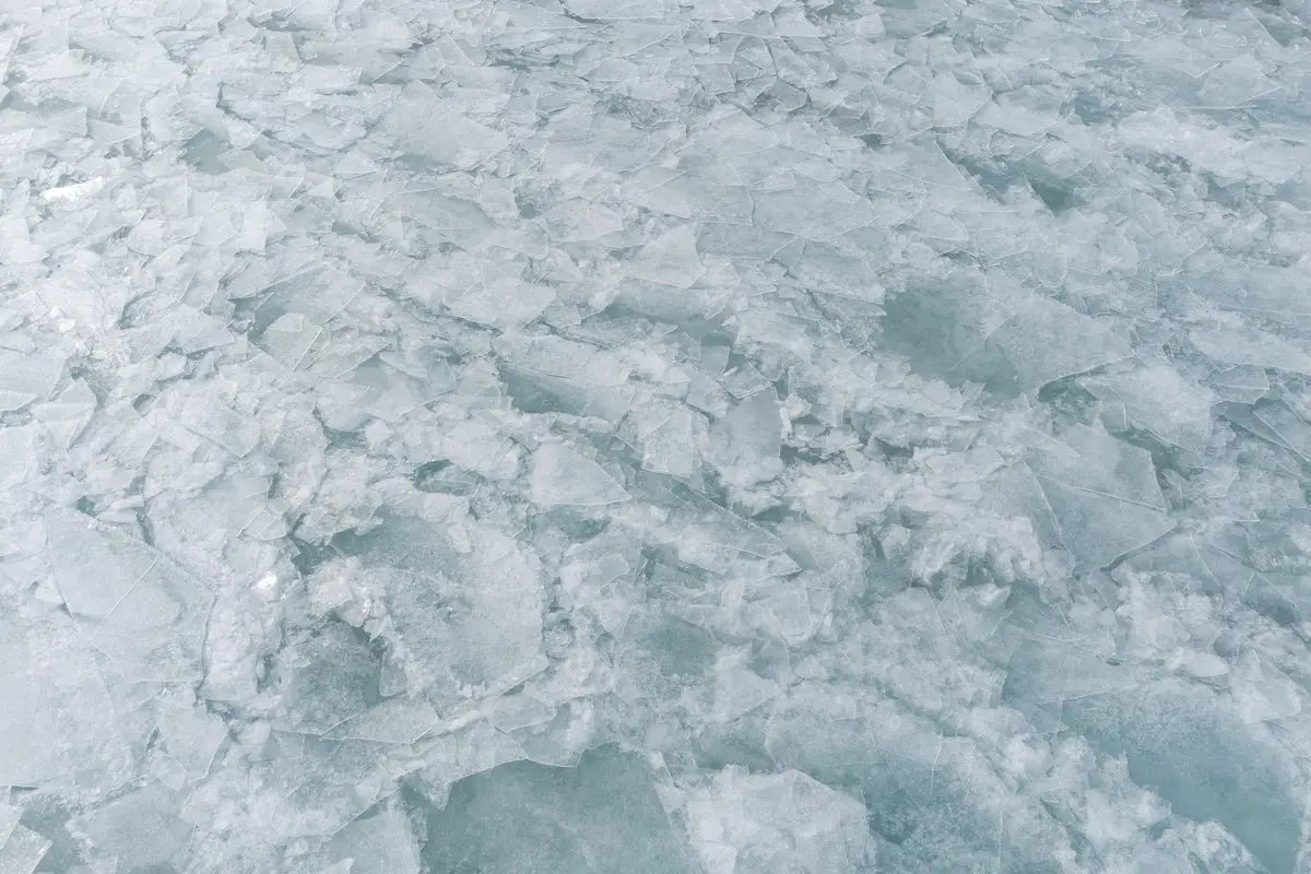 a large amount of ice floating on top of a body of water