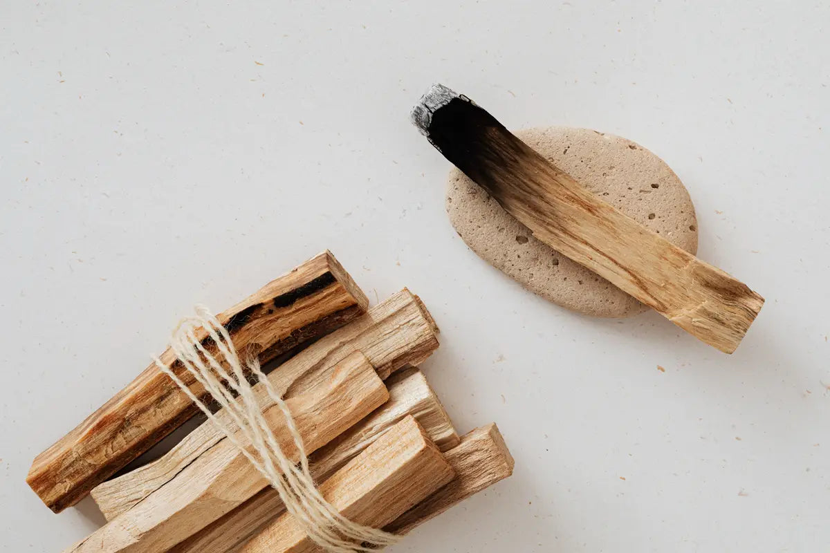 burning palo santo smudge stick and pile of sticks