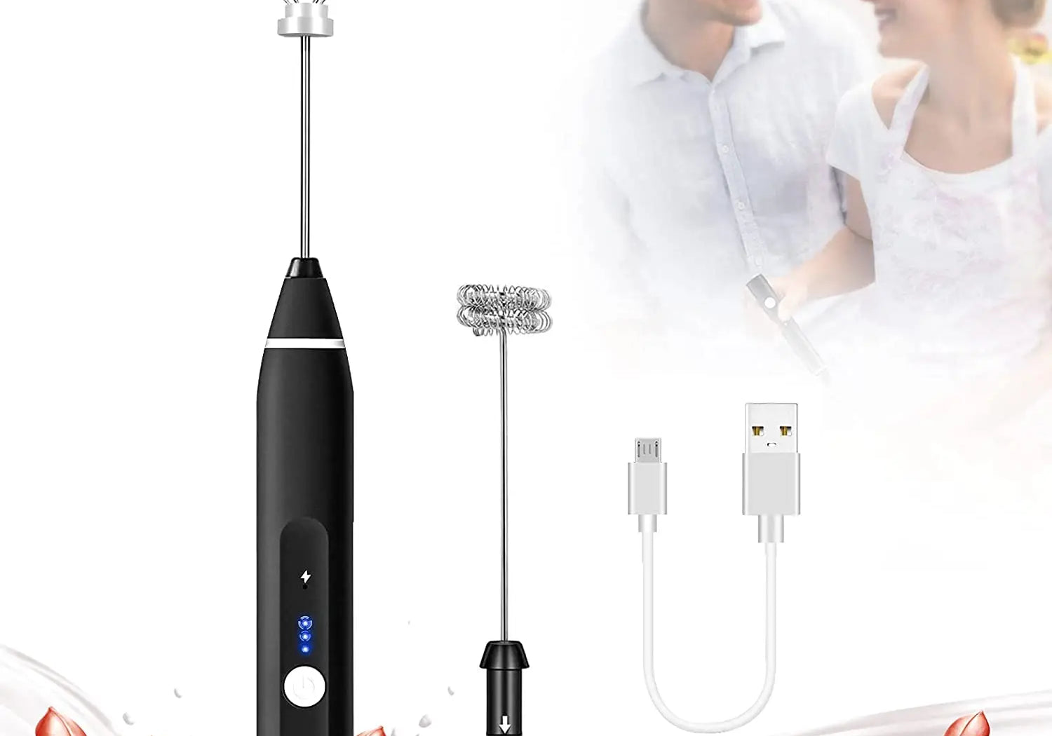 Black Rechargeable Electric Milk Frother Handheld (3 Speeds)