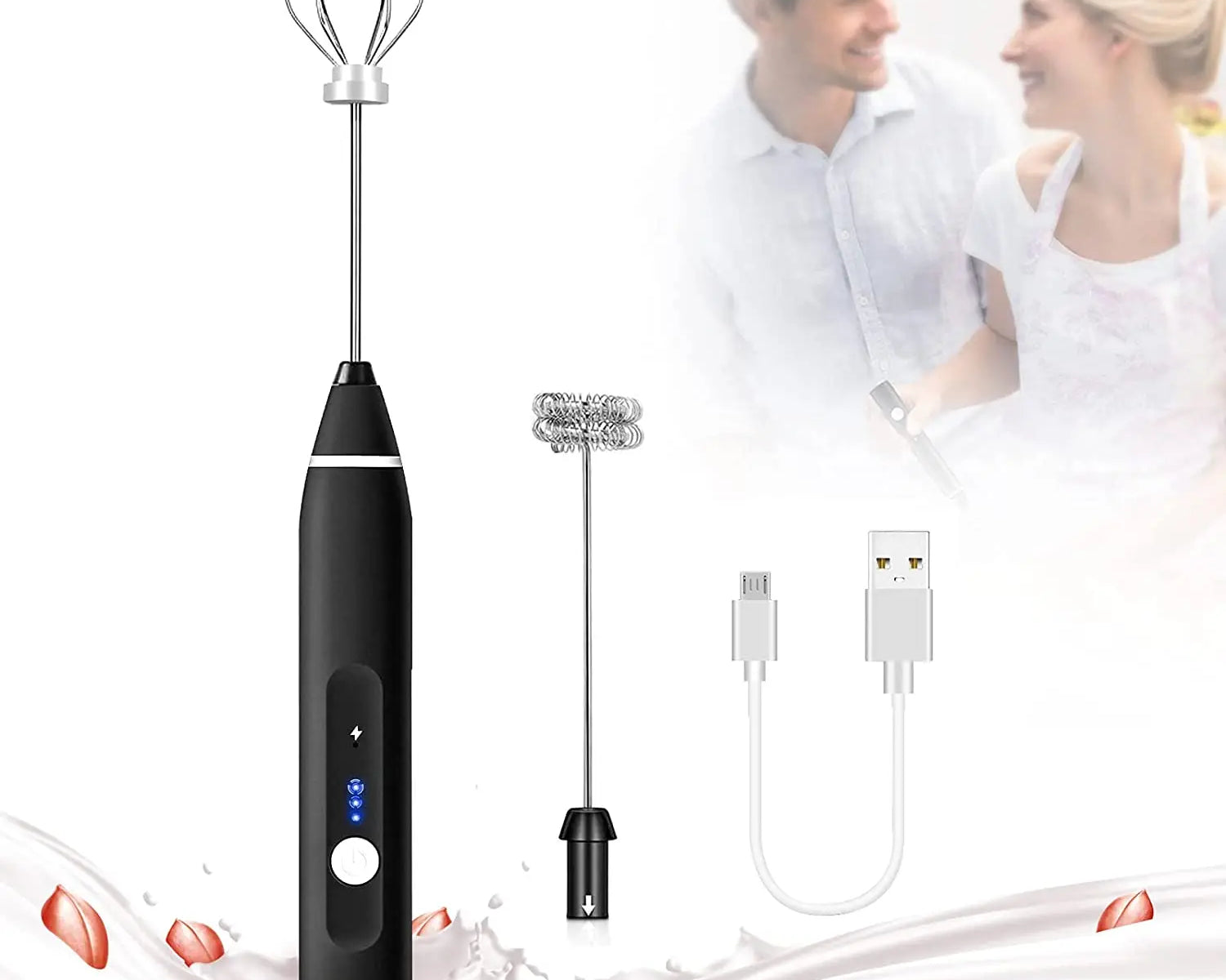 Black Rechargeable Electric Milk Frother Handheld (3 Speeds)