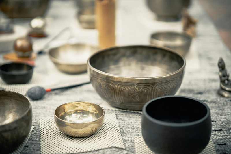 various traditional Tibetan singing bowls and strikers