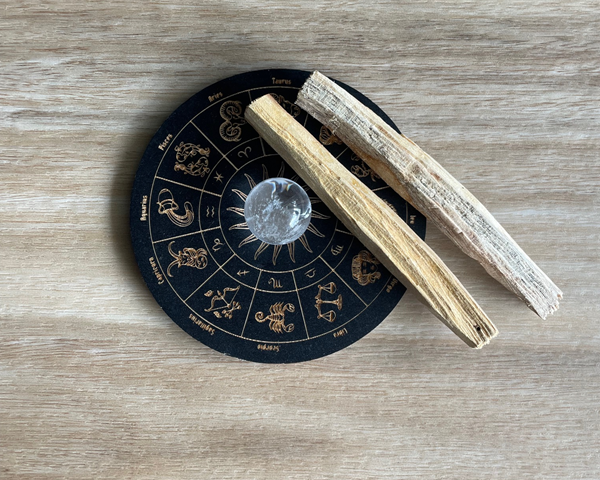 palo santo smudge sticks with crystal and astrology wheel