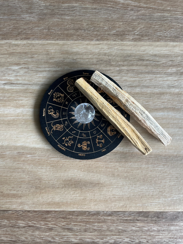 palo santo smudge sticks with crystal and astrology wheel