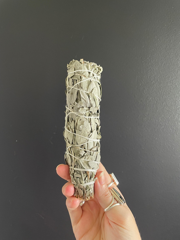 white sage smudge stick held in front of black wall