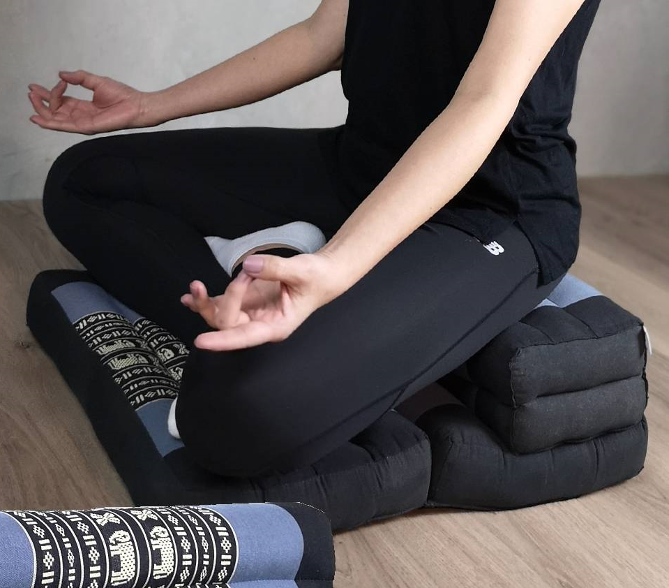 woman sitting on zafu anf zabuton cushion combo