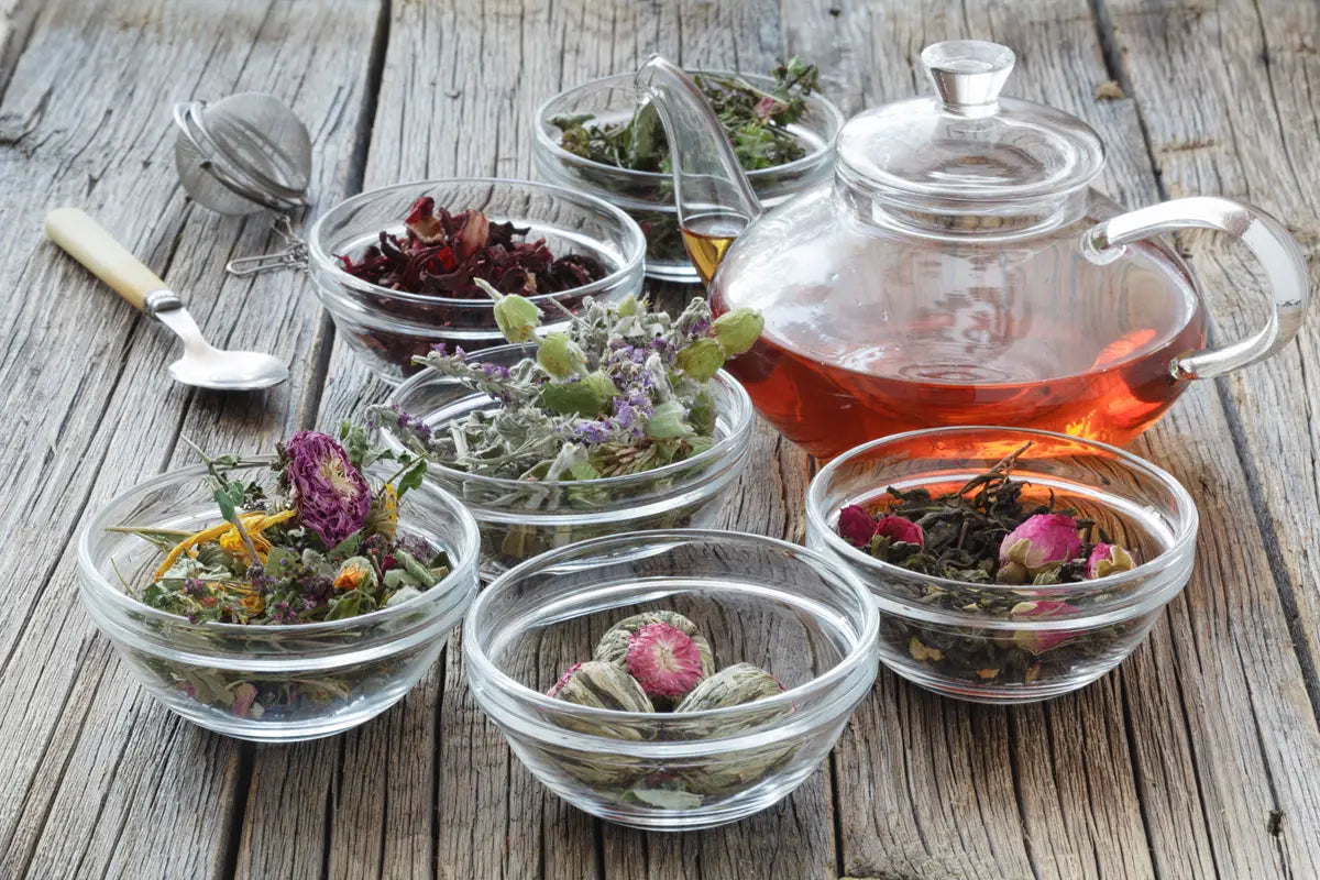 glass tea infusing pot and herbal plant matter