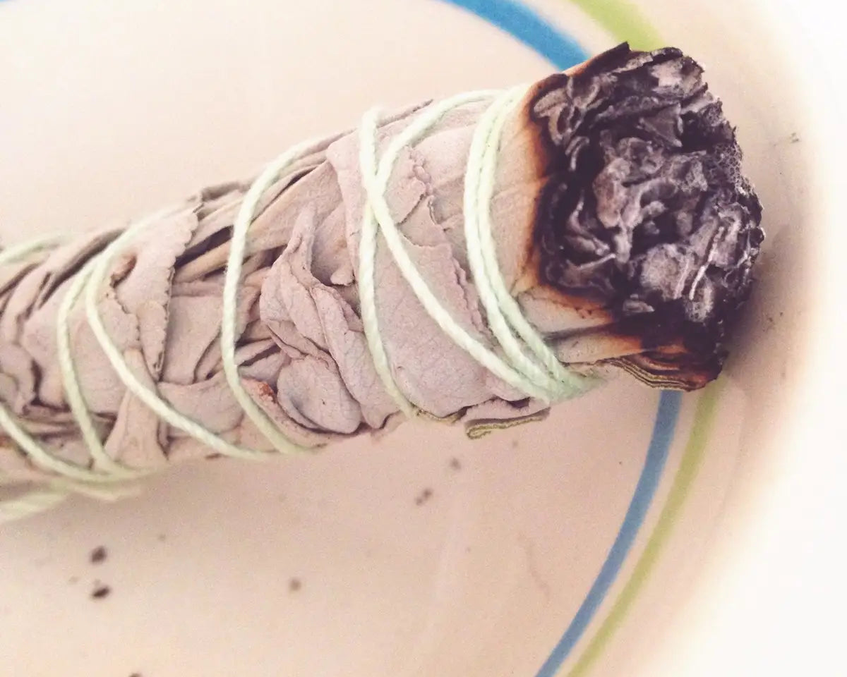 white sage smudge stick in smudge bowl
