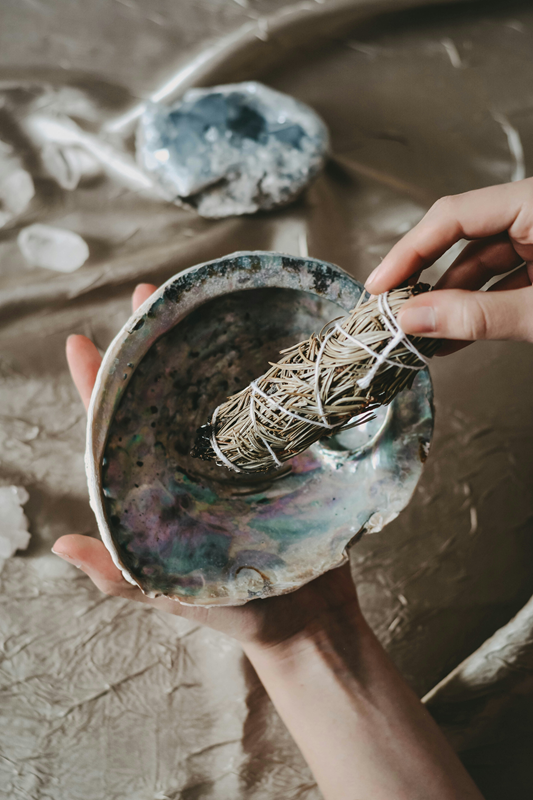 white sage smudge stick in abalone shell smudge bowl