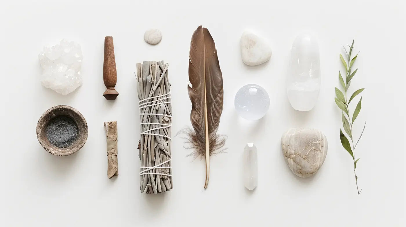 smudging ritual item flatlay