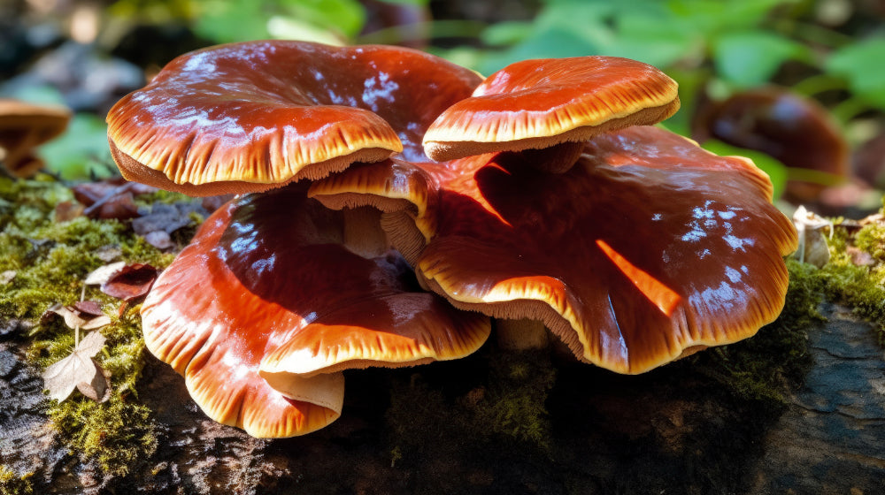 red resihi mushrooms growing in wild