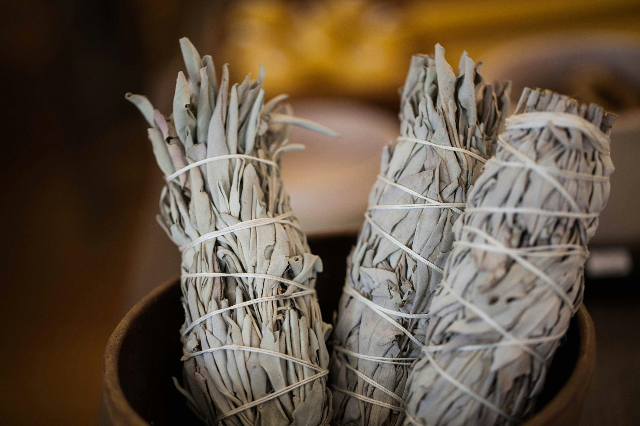 three white sage smudge sticks in bowl