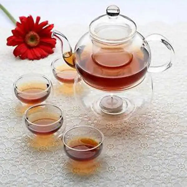 1 Set of Gongfu Chinese Ceremony Tea Set - 6 Glass cups with Infuser and Tealight Candle Pot Warmer - Food & Beverage >