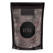 Black resealable pouch with Orku branding and fingerprint design for Black Salt Himalayan