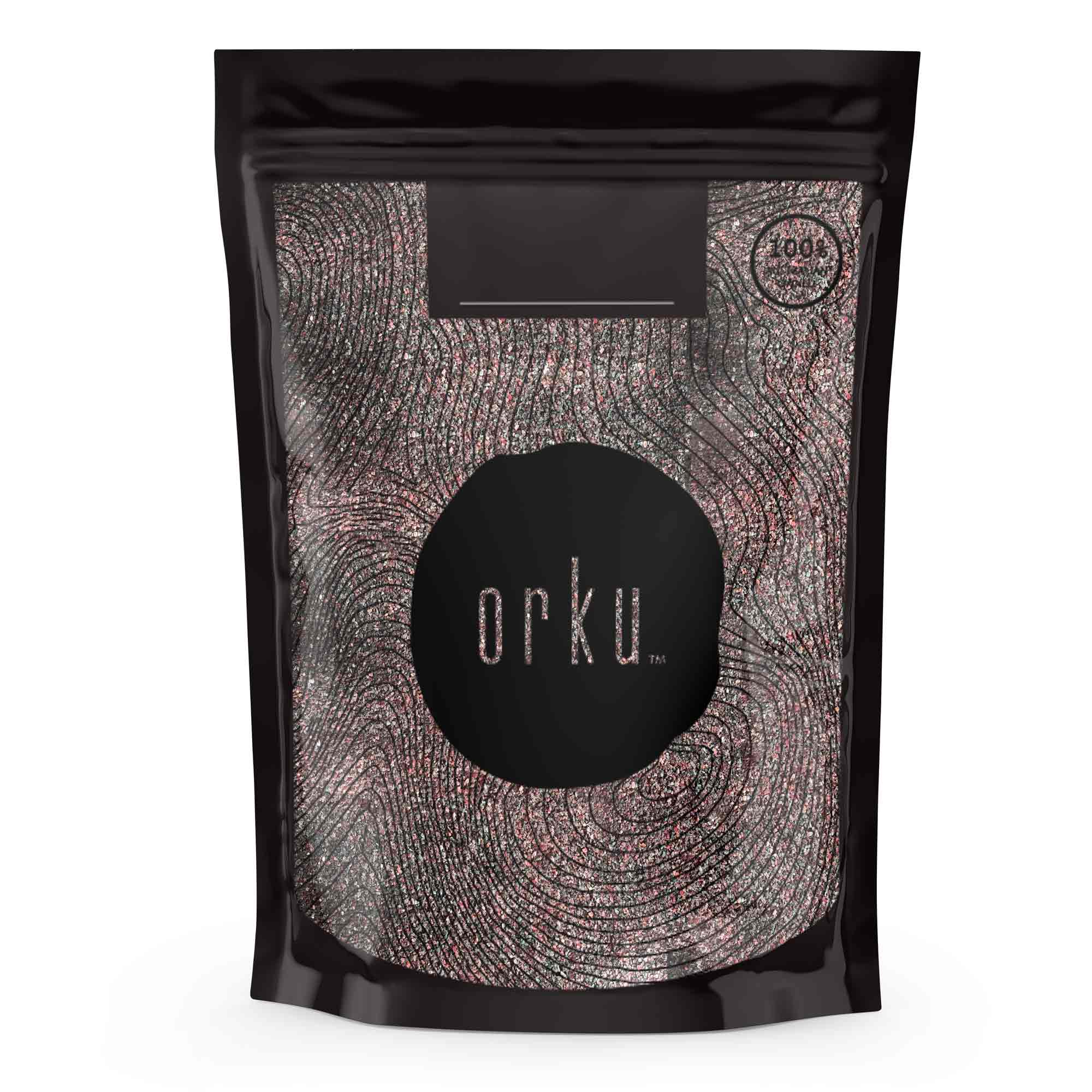 Black resealable pouch with Orku branding and fingerprint design for Black Salt Himalayan