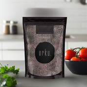 Black resealable pouch for 100g Fine Black Salt Himalayan with Orku branding design