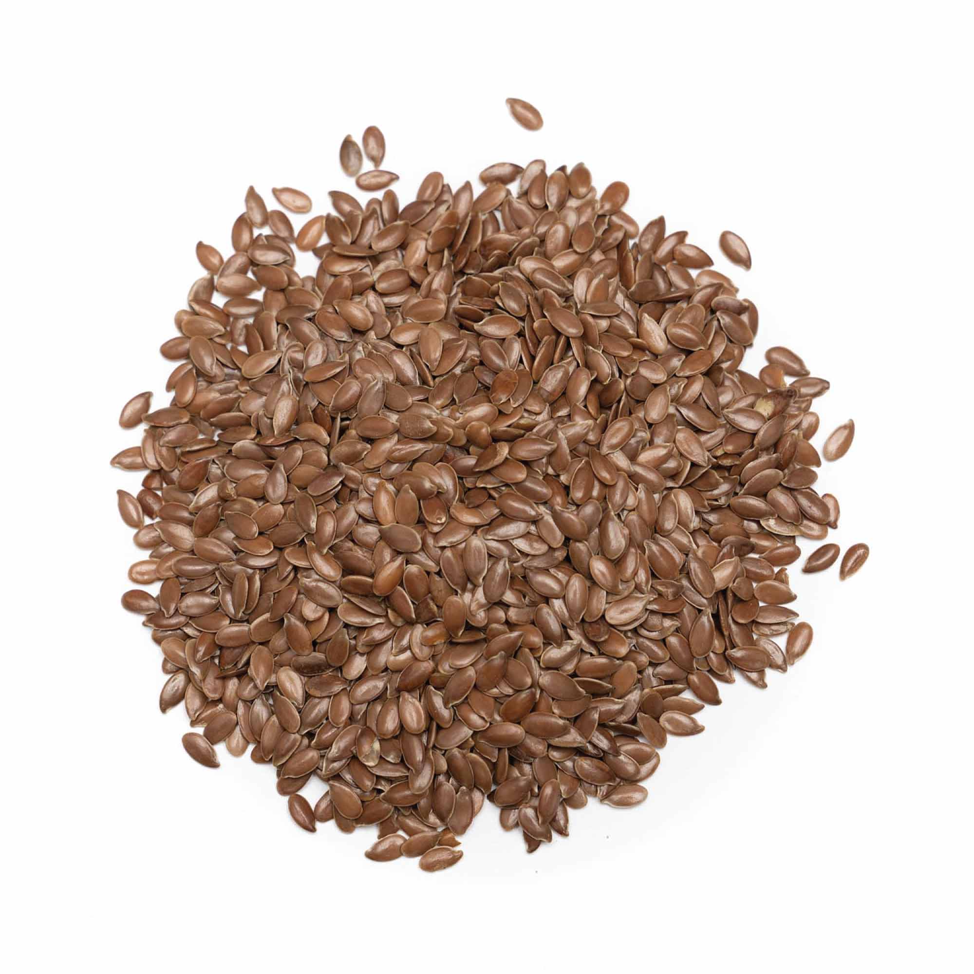 Pile of brown flax seeds in a circular shape for 100g Organic Brown Linseed Flaxseed