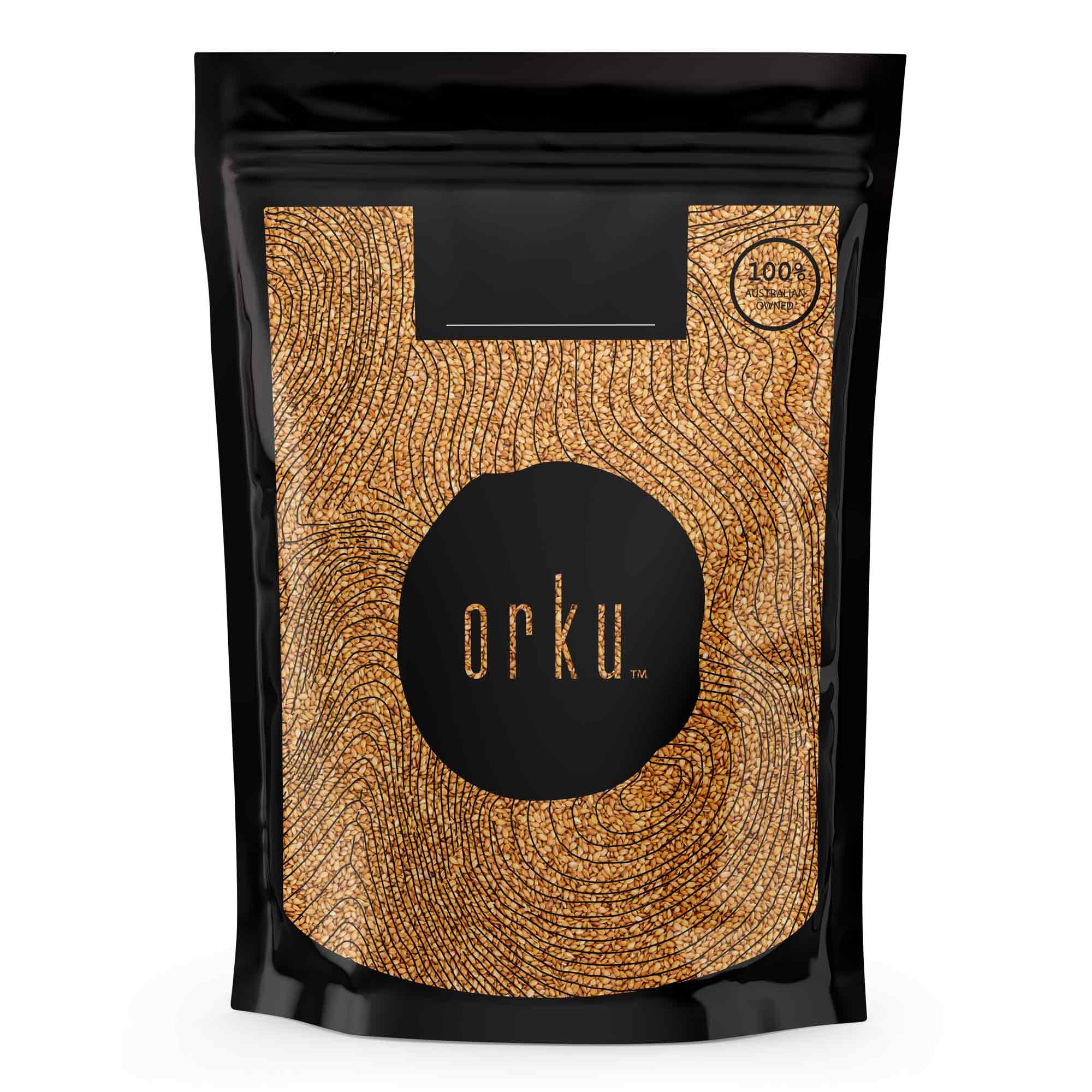 Black resealable pouch with Orku branding for Organic Golden Linseed Flaxseed Whole Grain