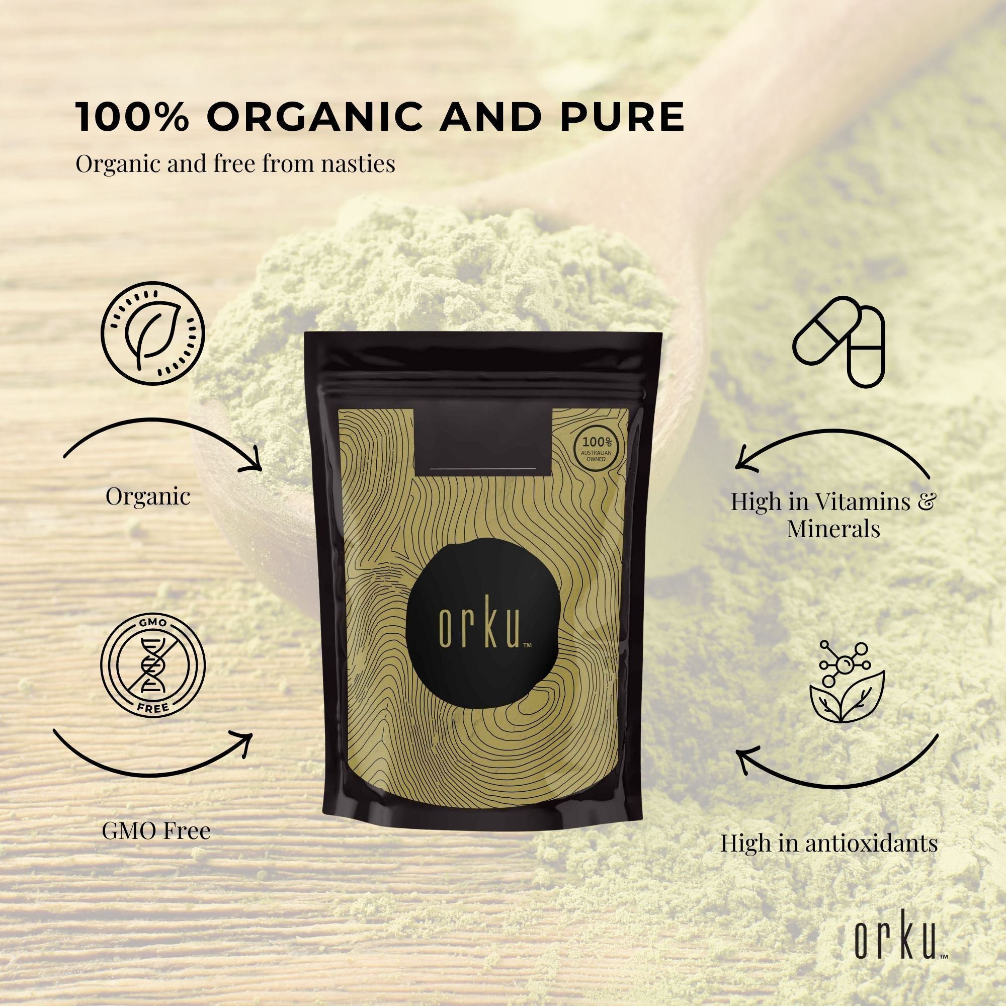 Black pouch with gold woodgrain pattern featuring Orku branding for Organic Matcha Tea Powder