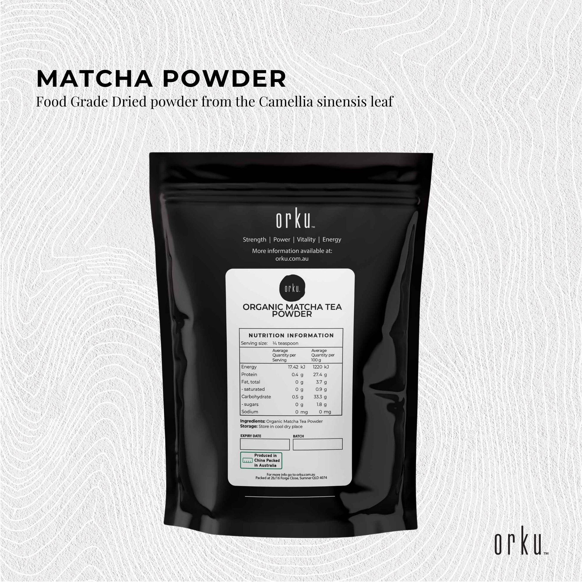 Black pouch of Organic Matcha Green Tea Powder from Camellia Sinensis Leaf