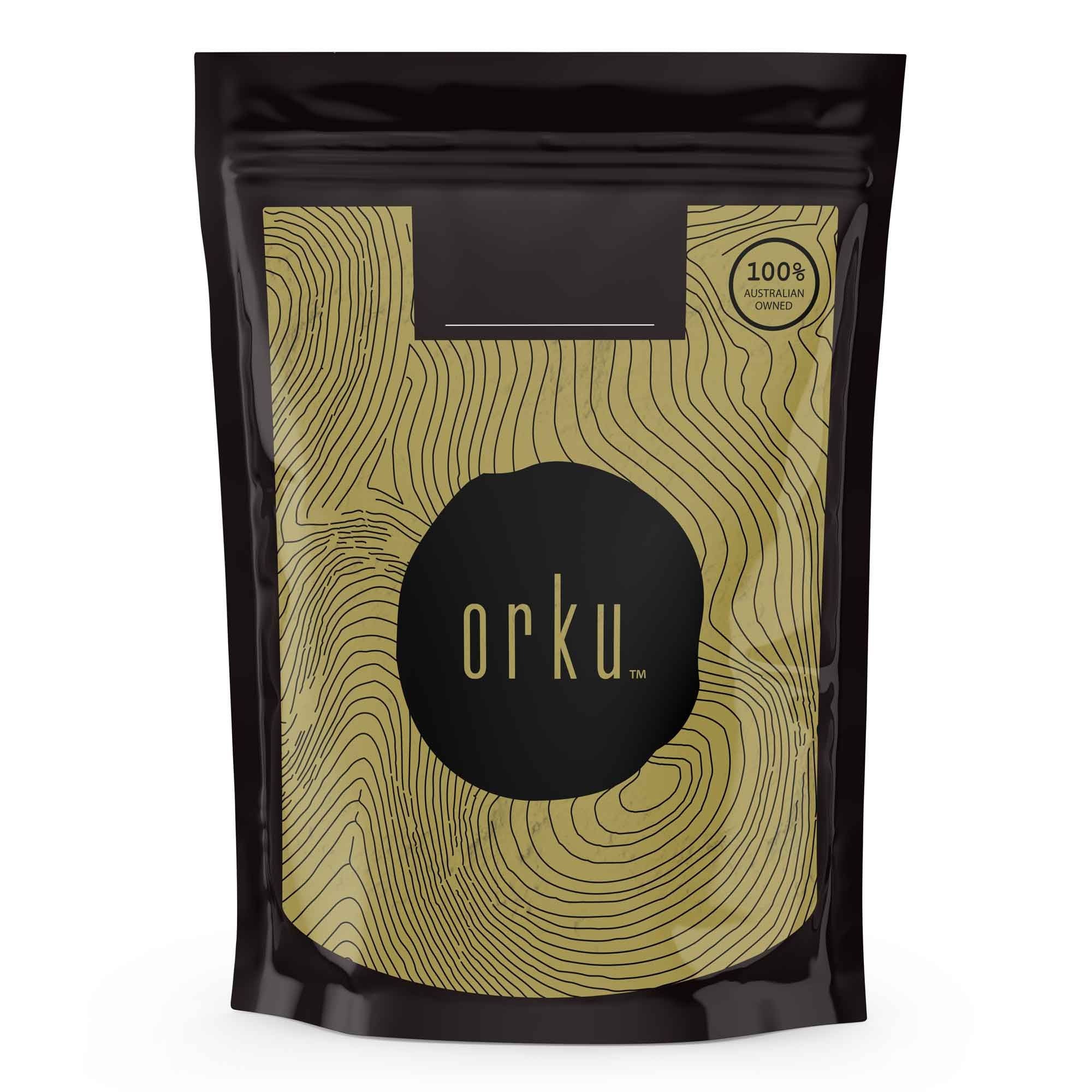 Black resealable pouch with Orku branding for Organic Matcha Green Tea Powder