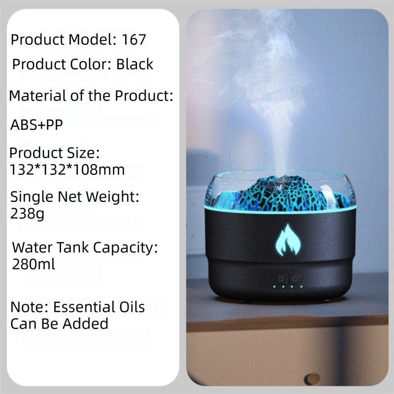 167 Black Simulation Volcano Premium Diffuser & Humidifier - Smart Timer Ultrasonic Mister with Volcano Lava Crack Shell and Colorful Light