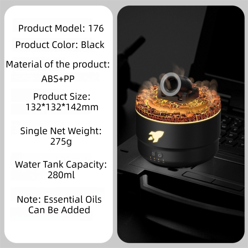 176 Black Simulation Turret Premium Diffuser & Humidifier - Smart Timer Ultrasonic Mister with Volcano Lava Crack Shell and Colorful Light