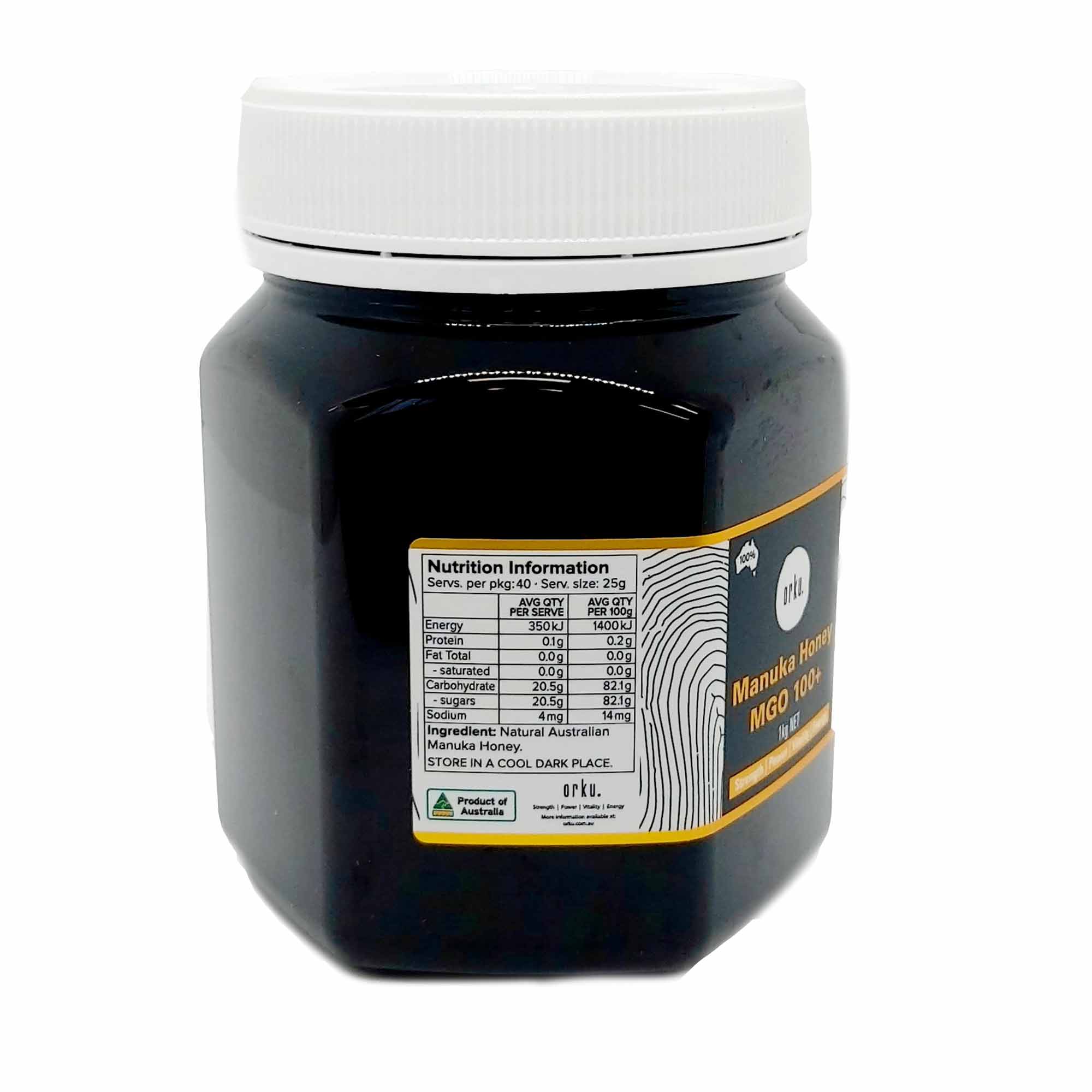 Black jar of 1Kg MGO 100+ Australian Manuka Honey from local beekeepers with label