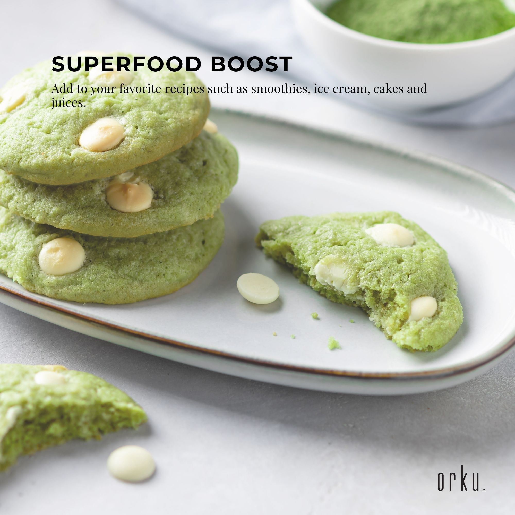 Green Matcha cookies with white chocolate chips, made from Organic Matcha Camellia Sinensis