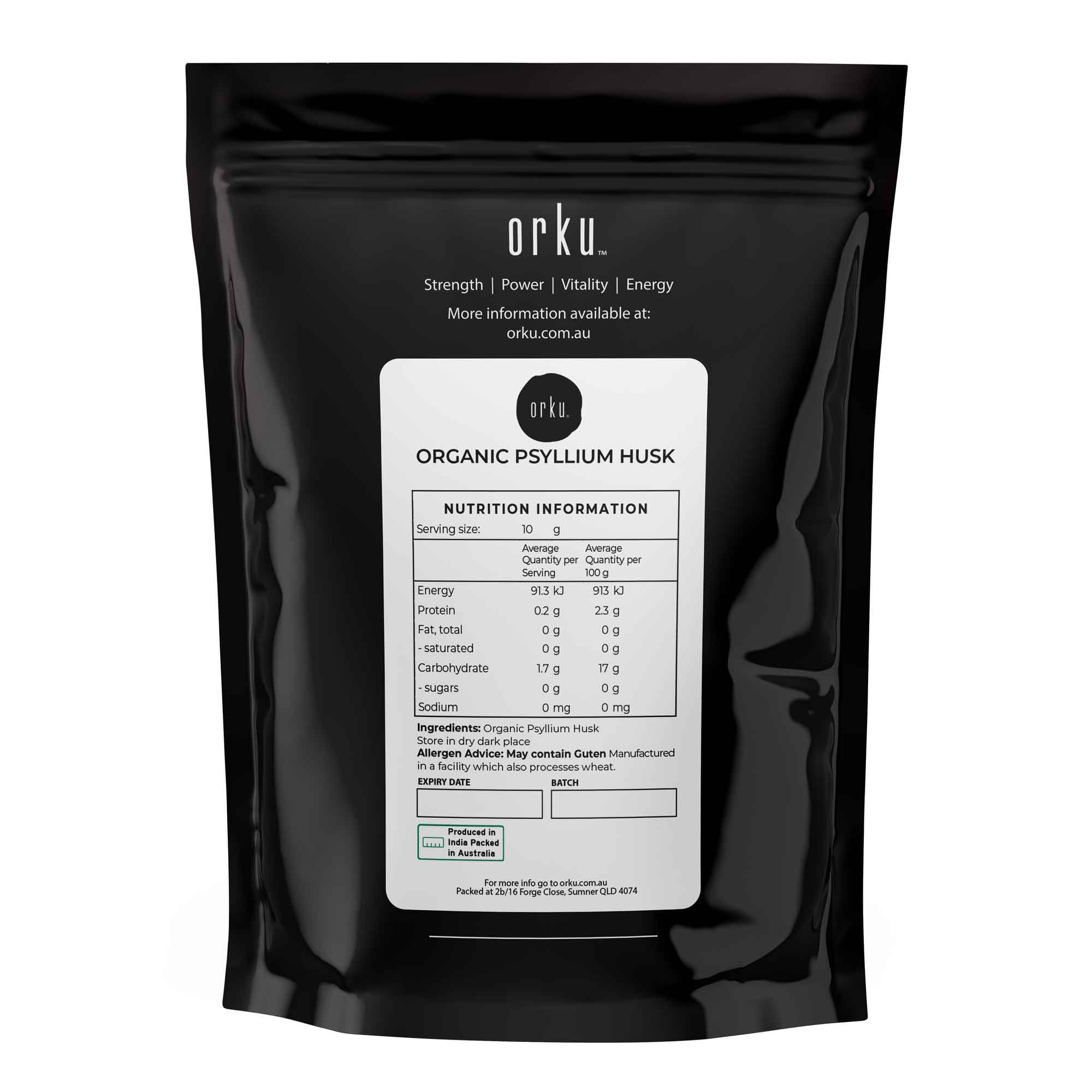 Black pouch of Orku Organic Psyllium Husk with nutrition label for Isabgol Ispaghula