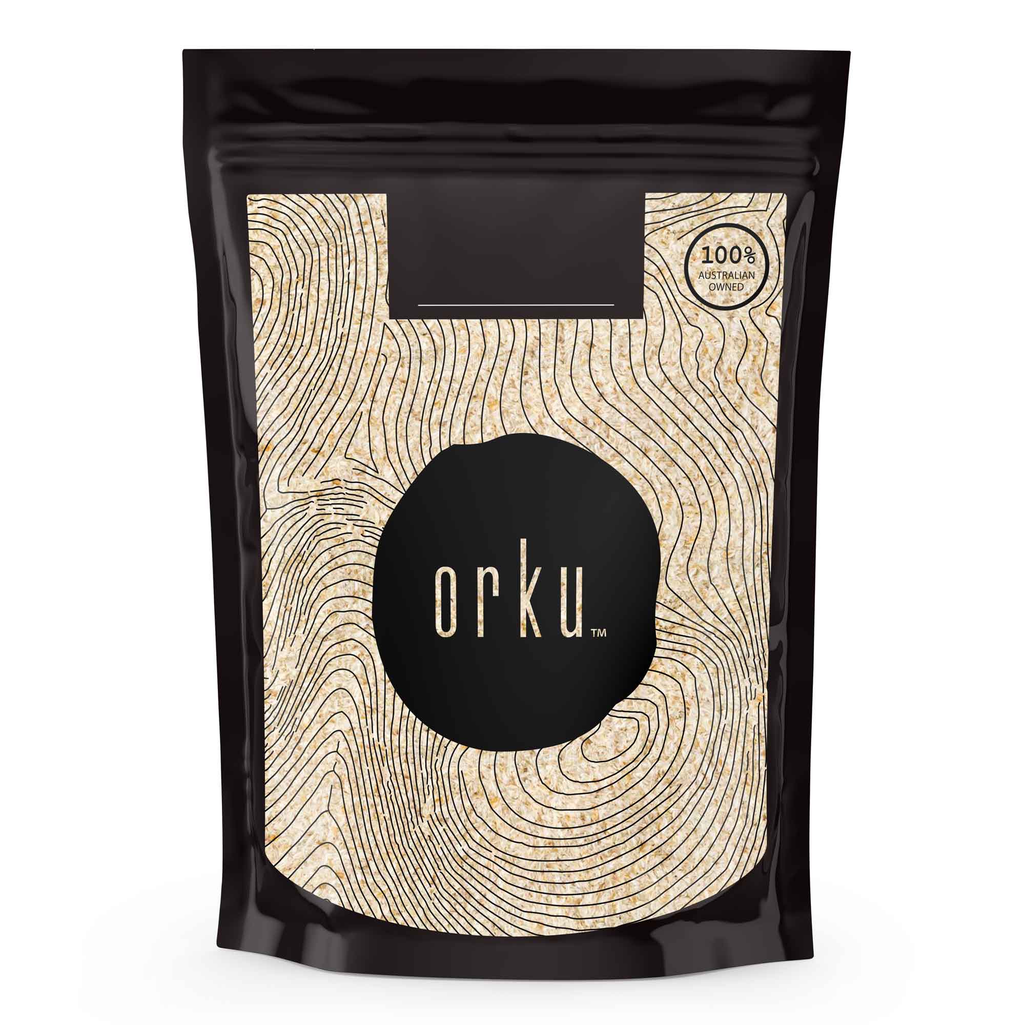 Black and beige resealable pouch featuring Orku branding for Organic Psyllium Husk Powder