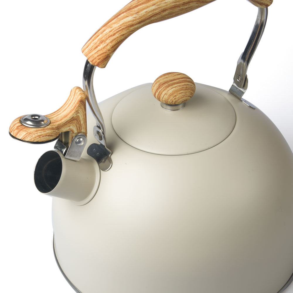 Modern Whistling Tea Kettle with Wooden Handle and Lid Knob in Cream Finish