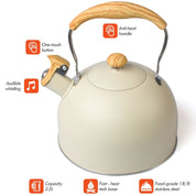 Cream-colored tea whistling kettle with wooden handle and labeled features for stovetop use