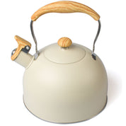 Cream-colored tea whistling kettle with wooden handle and lid knob, modern stainless design