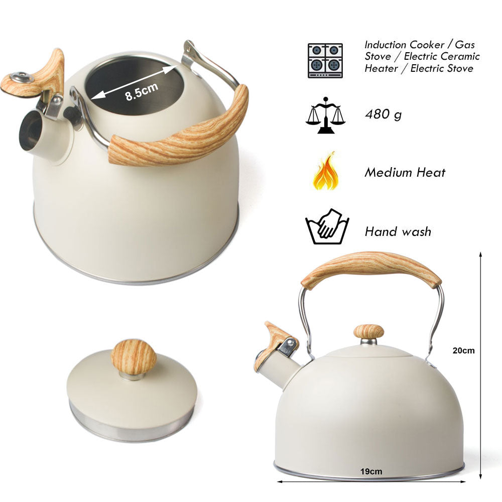 Cream-colored 2.5 Liter Tea Whistling Kettle with wooden handle and accents for stovetop use