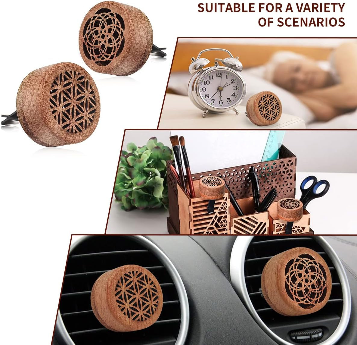 2-in-1 Car Aromatherapy Diffuser & Air Freshener, Portable Mini Wood Diffuser with Lava Stone, Essential Oil Vent Clip, 2 Charming Patterns