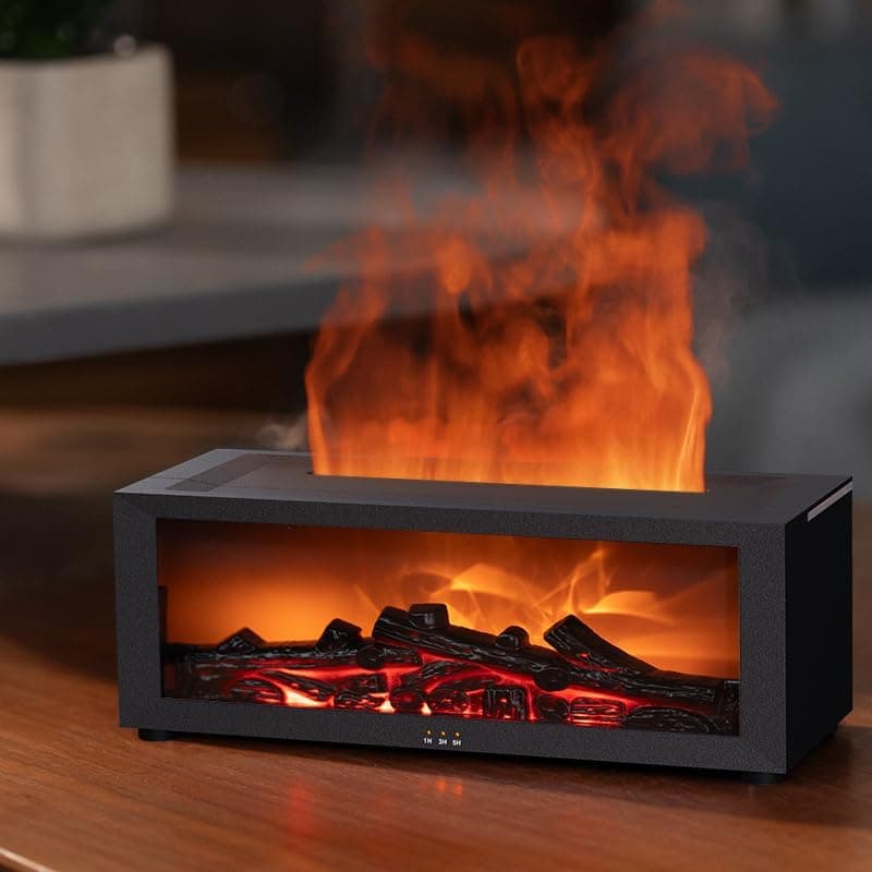 2-in-1 LED Humidifier with Fireplace Effect, 150ml Aromatherapy Diffuser, 3 Timer Settings, Remote Control, Quiet Operation, Black