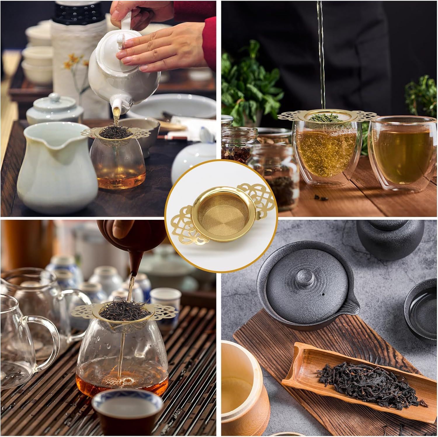 2 Pack Tea Strainers with Drip Bowls Stainless Steel Mesh Tea Infusers Loose Leaf Tea Filter with Handles Tea Steeper for Tea Juice Coffee Drinks, Gold