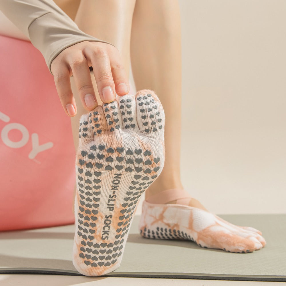 2 Pairs Grey Tie-Dye Non-Slip Premium Yoga Socks for Women - Five-Toe Cotton Blend Socks for Pilates and Indoor Sports