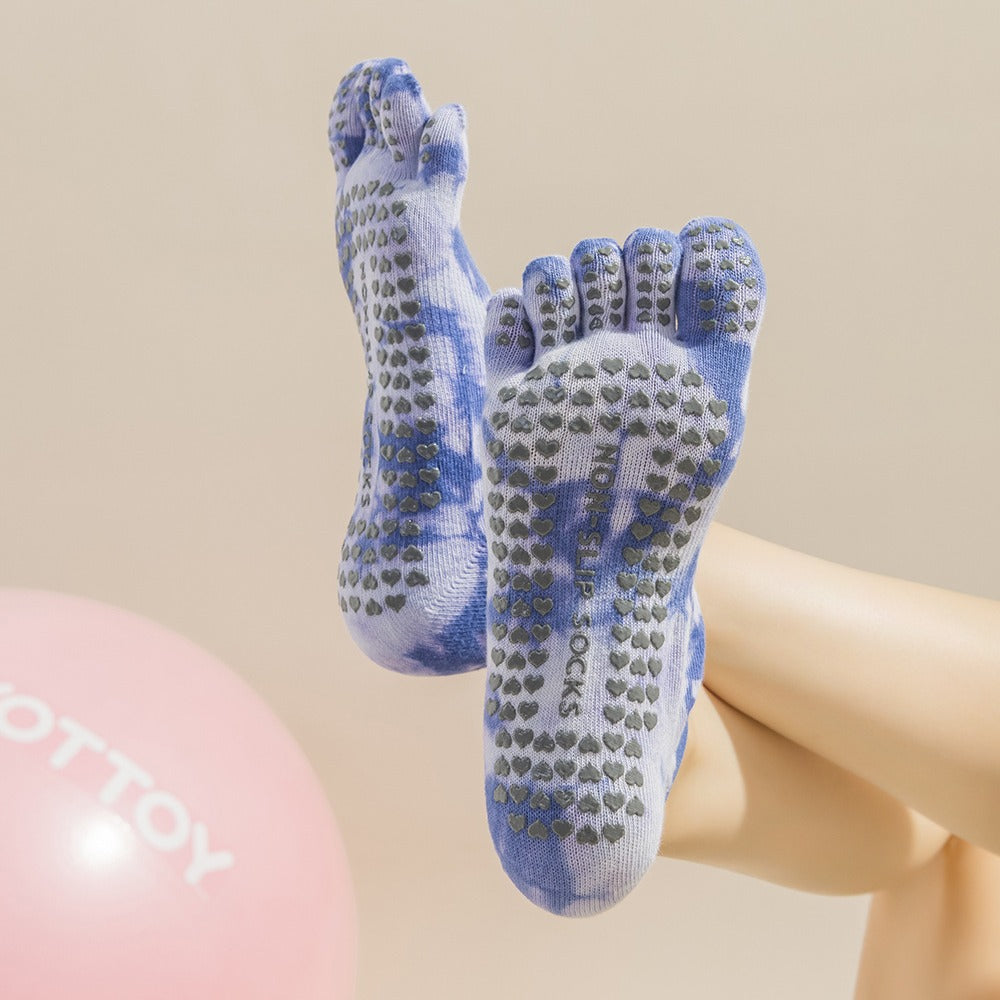 2 Pairs Grey Tie-Dye Non-Slip Yoga Socks for Women - Five-Toe Cotton Blend Socks for Pilates and Indoor Sports