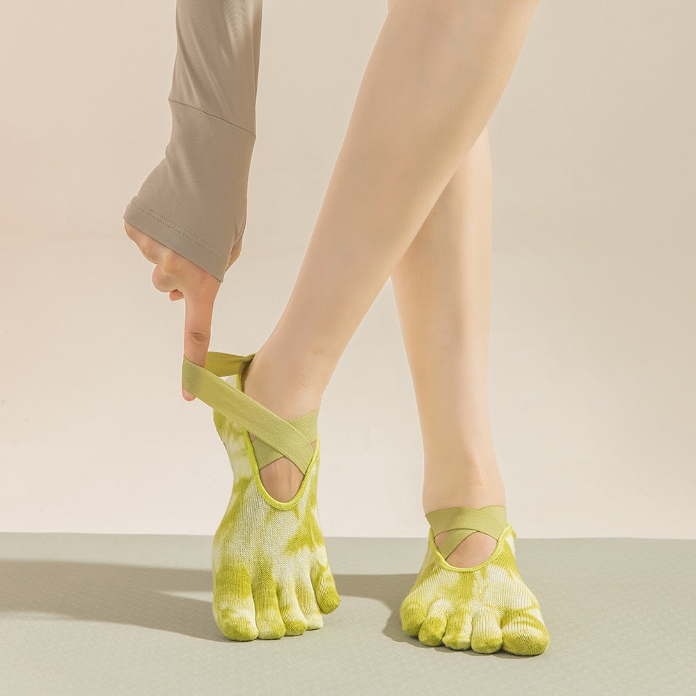 2 Pairs Yellow Tie-Dye Non-Slip Yoga Socks for Women - Five-Toe Cotton Blend Socks for Pilates and Indoor Sports