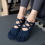 2 Pcs Grey Non-Slip Premium Yoga Pilates Socks with Toe Design for Women - Cotton Blend with Anti-Slip Silicone Grip